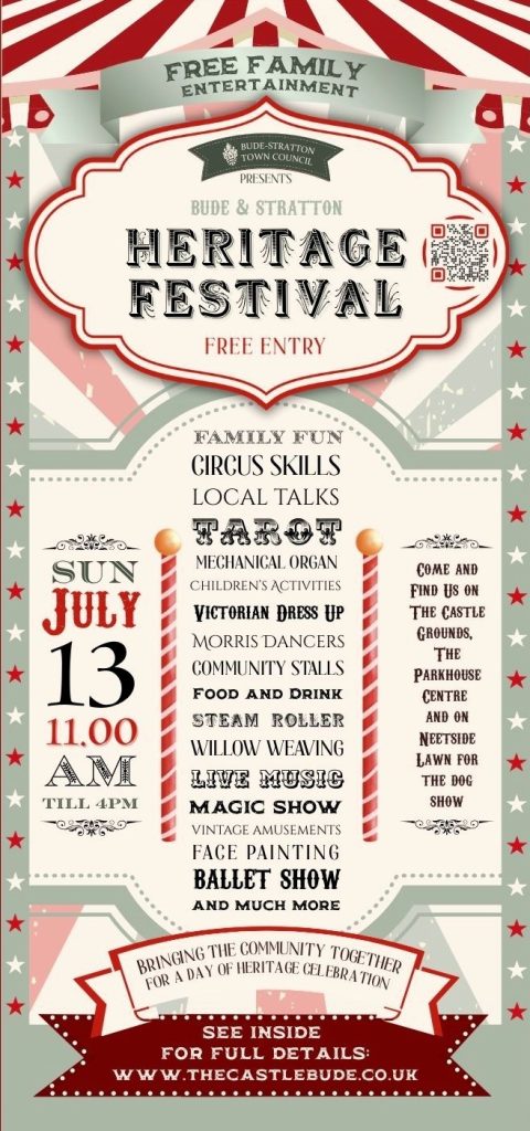 Bude stratton heritage festival on sunday 13 july 2025 from 11am until 4pm includes family activities, talks and free entertainment at the castle heritage centre, bude ex23 8ld